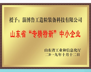 Shandong Province "Specialized, Fined, Characterized and Novel" Small and Middle-sized Enterprise Certificate